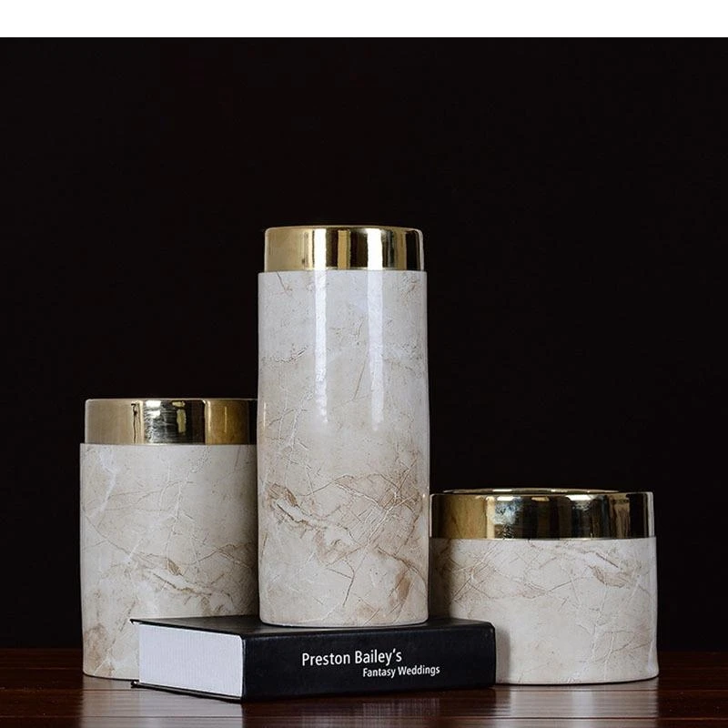 Gold Plated Marble Texture Porcelain Storage Jar with Lid Ceramic General Jars Tea Caddy Candy Pots Floral Vases Desk Decoration