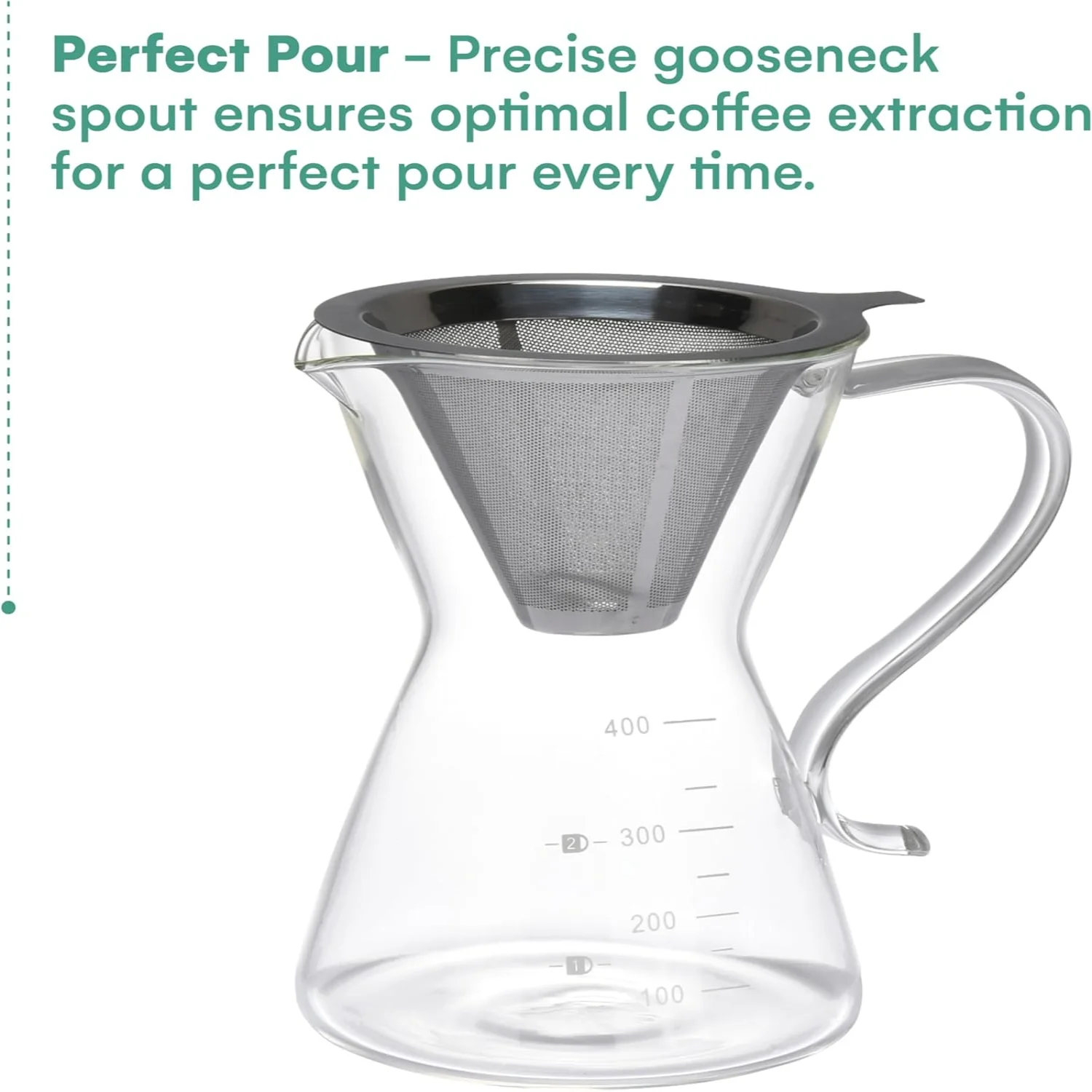 Transparent Glass Pour Over Coffee Maker Set - Gooseneck Spout Portable Brewer - 400ml Coffee Dripper Kettle