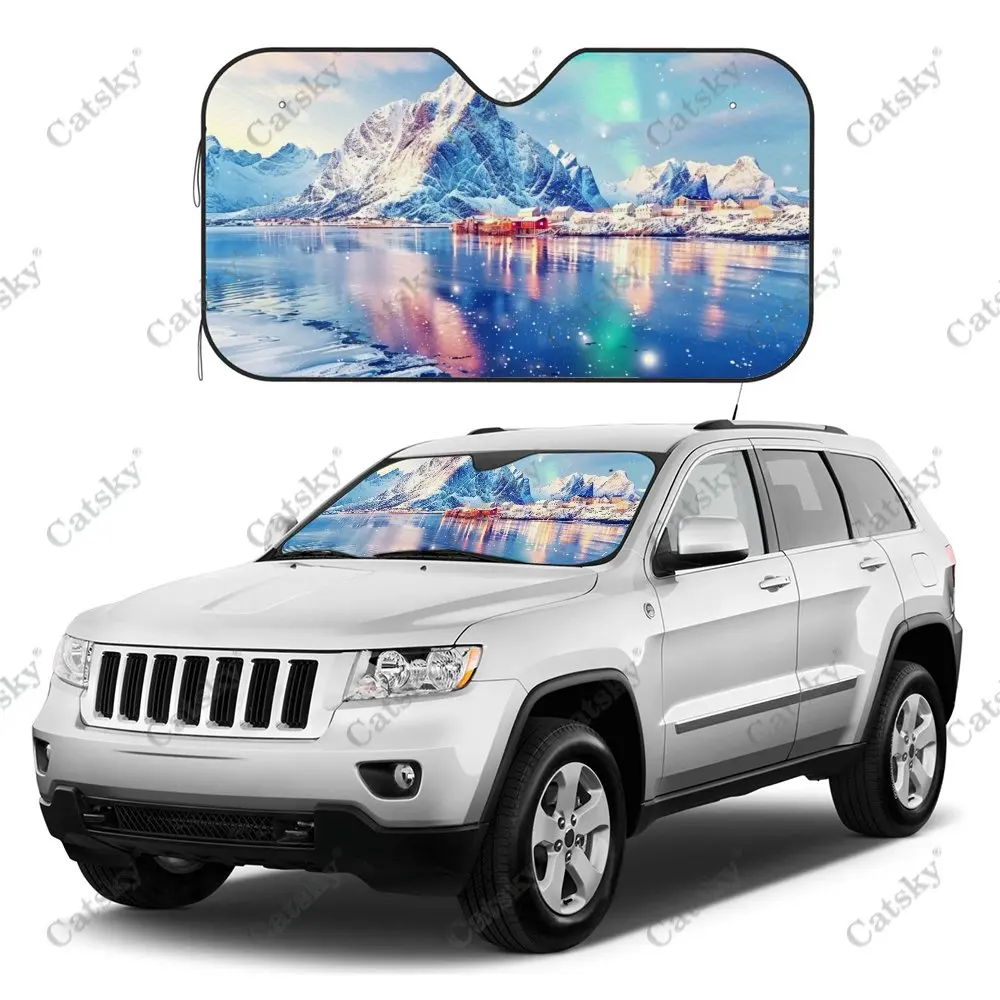 Aurora Snow Mountain Lake Car Windshield Sunshade, Auto Accessories Front Windshield Sun Visor Blocks Uv Rays Protect Decoration