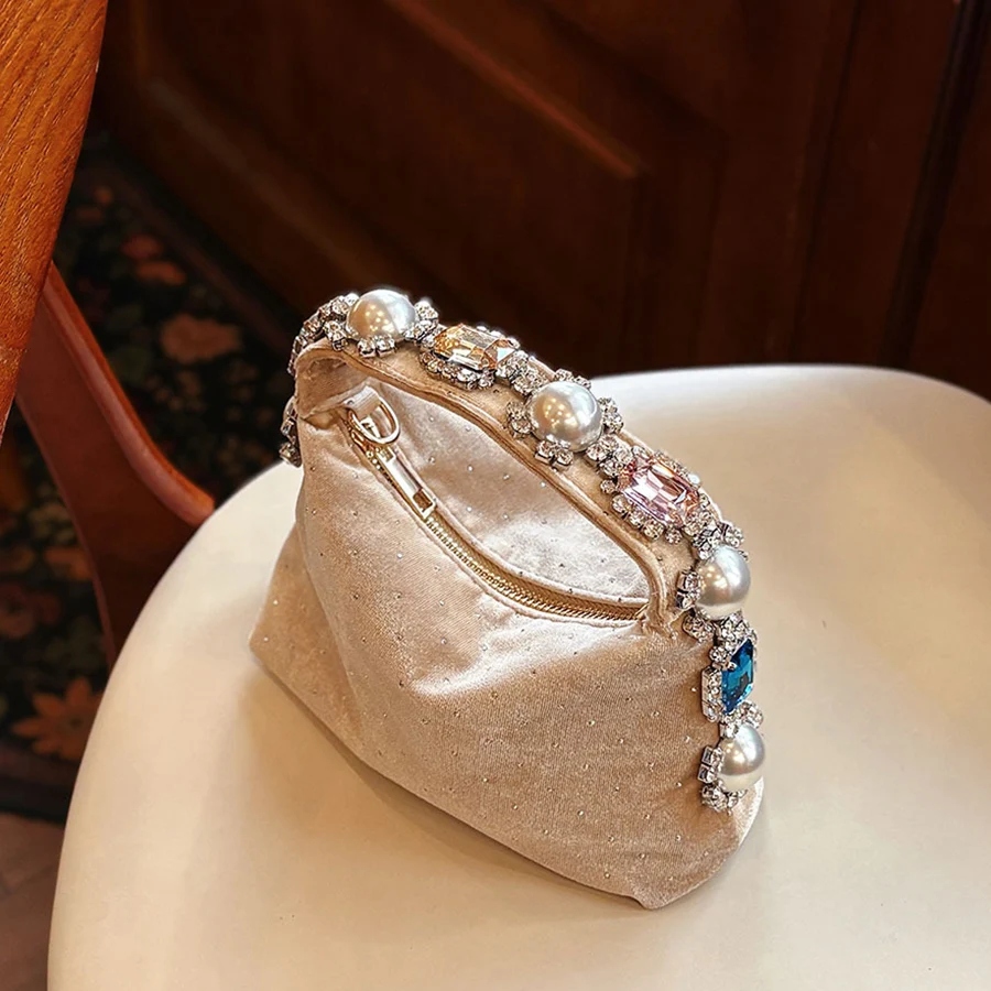 

Polka dot pearl rhinestone square-shaped pillow bag party dinner bag velvet-embroidered handbag clutch bag chains shoulder bags