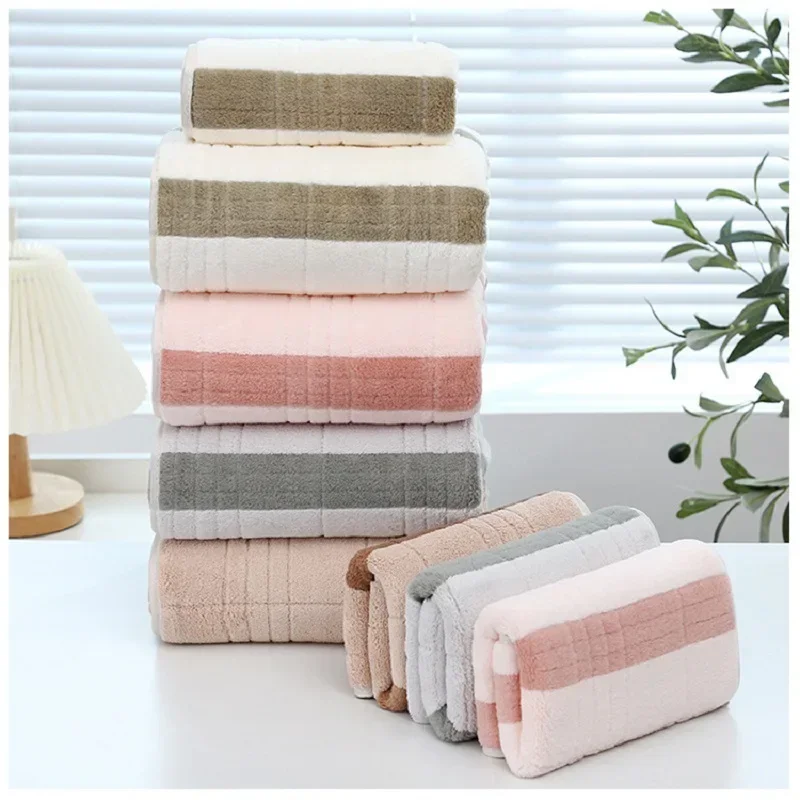 Набор полотенец из кораллового флиса, комплект из 2 предметов, вафельный дизайн, широкие полоски, банное полотенце для взрослых, 70x140, легкое быстросохнущее впитывающее полотенце для лица 35x75