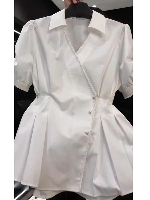 

plus Size White ort Sve irt Women's Summer New Sle Faion Waist-Cinching Slimming Top Korean Sle High Waist pe