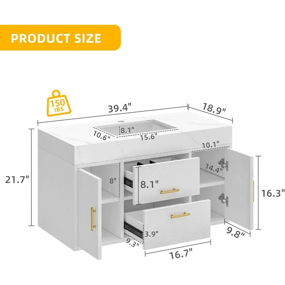 White Floating Bathroom Vanity 40 Inch Wall Mounted Bathroom Vanity ,Bathroom Vanity Sink Set