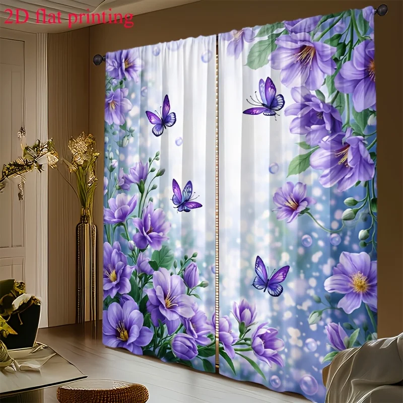 Purple Floral Butterfly Print Curtain 2pcs Botanical Flower Curtain Pair Modern Wall Decor Drapes Window Treatment Art