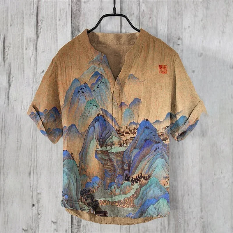 

New bamboo linen 100% men's short-sleeved casual street beach V-neck short-sleeved shirt New Hawaiian linen shirt hill print shi