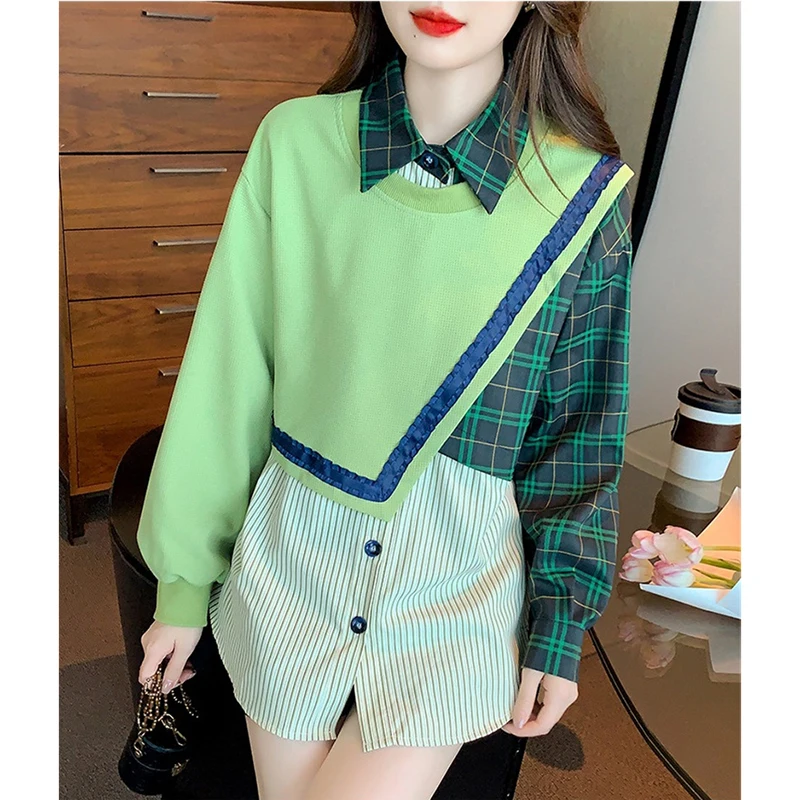 Fashion Color Matching Fake Two-Piece Polo Neck Shirt Women New Korean Version Casual Joker Chic Loose Top Comfortable Women's