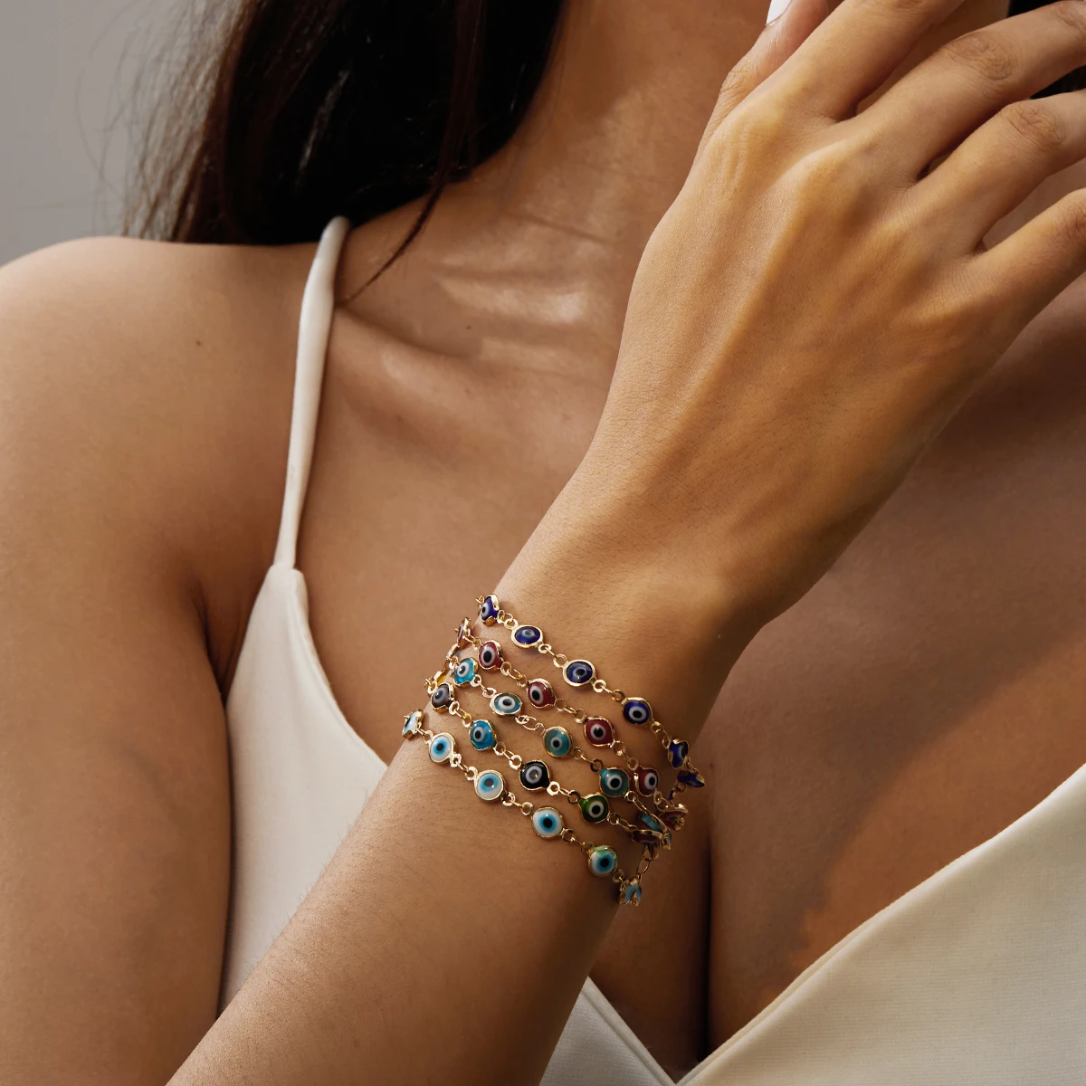 Lucky Colorful Evil Eye Bracelets Turkey Blue Eye Simple Metal Beads Bracelet Wealth Stainless Steel Jewelry Adjustable Gift