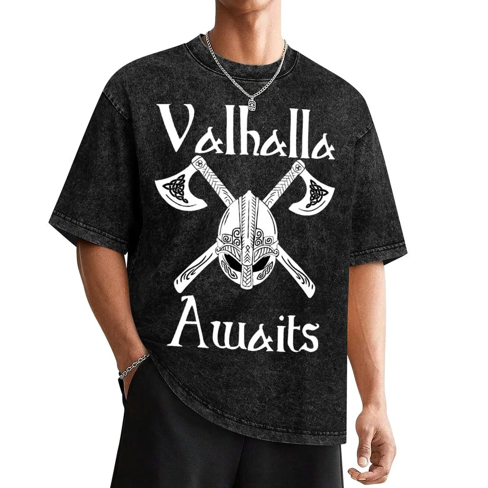 Valhalla Awaits - Helmet with Axe T-Shirt summer clothes man t shirt basketball graphic tees mens plain t shirts