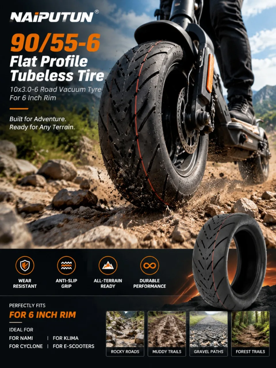 NAIPUTUN 90/55-6 Flachprofil-Schlauchloser Reifen 10x3.0-6 Straßen-Vakuumreifen für 6-Zoll-Felge E-Scooter Nami Klima Cyclone Class – Detail 1