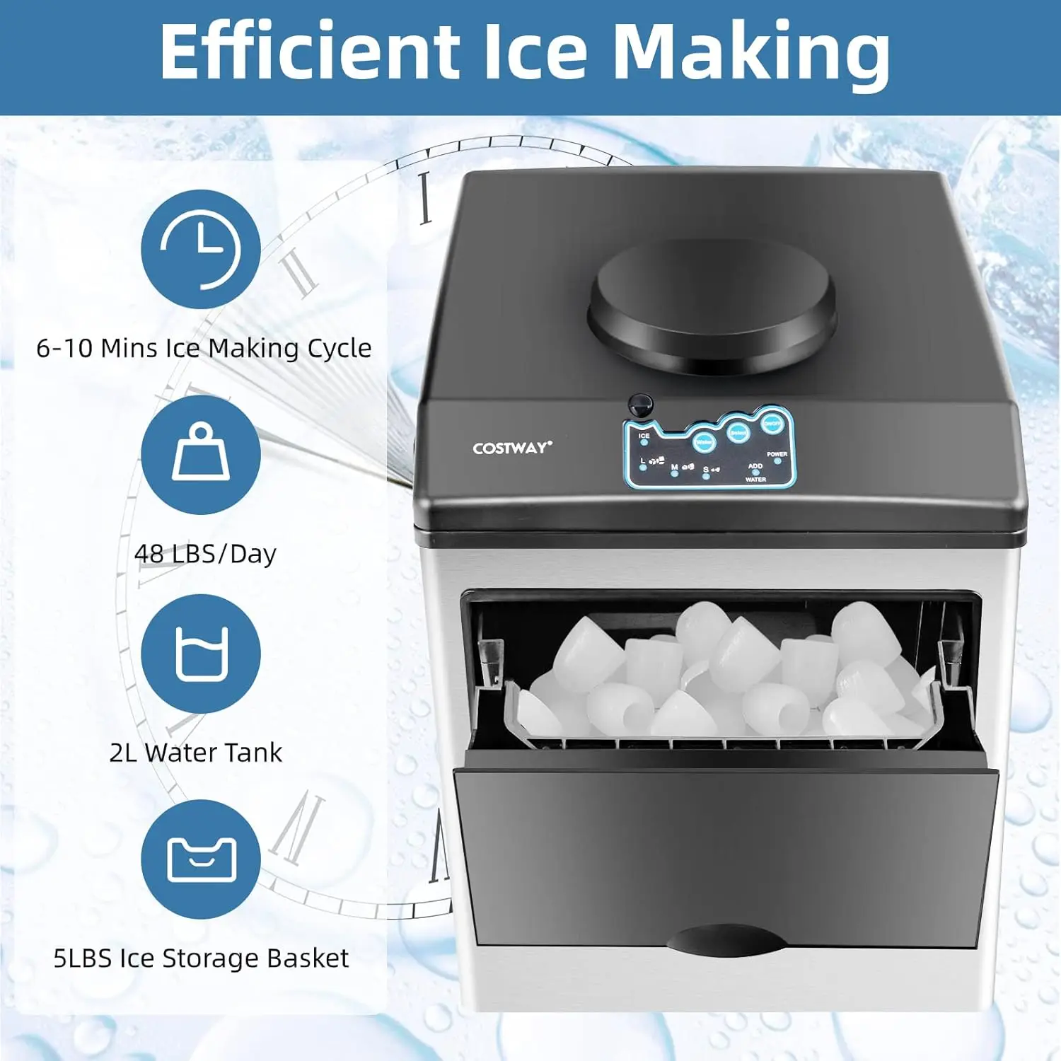 Ice Maker,, 48LBS/Day, S/M/L Size Ice Cube, 5LBS Ice Storage Basket, Fast 6 Mins,Extendable Chilled Water SpoutIce Maker Machine