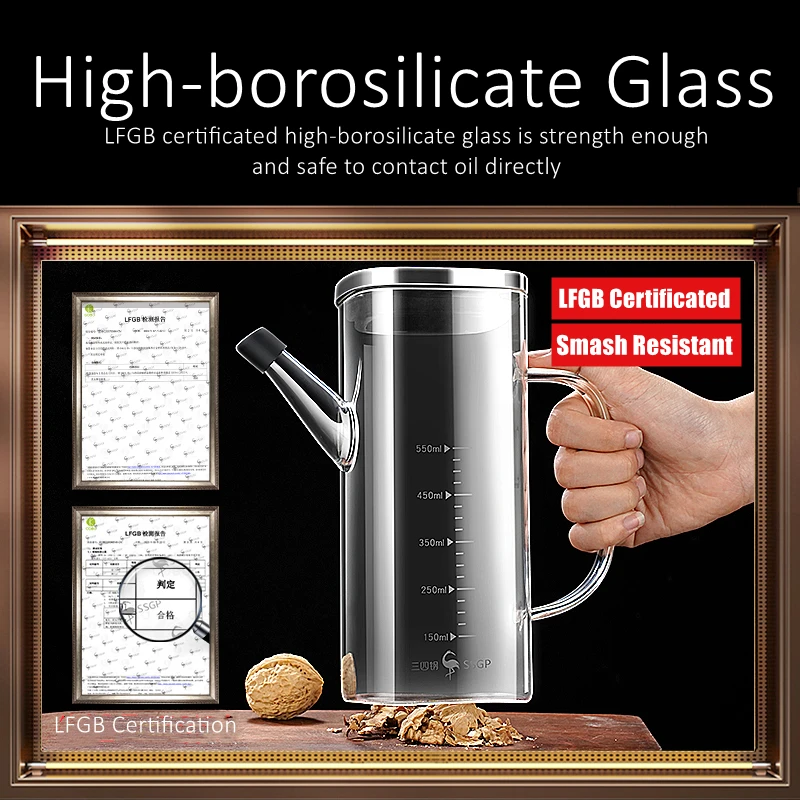 LFGB Certificated High-borosilicate Glass Oilcan Anti-smash -20℃~150℃ Resistant Oil Kettle Dustproof Kitchen Sauce Container