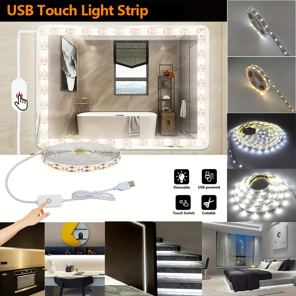 LED Touch Switch USB Strips DC5V 60LEDs/m 2835 Dimmable Flexible Lamp For Room Kitchen Stairs Cabinet Lighting Decor 1M/2M/3M/5M