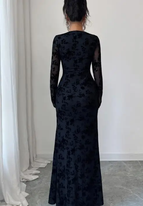 

Womens Dresses 2025 Spring Autumn New Elegant Lace Patchwork Ruffles Decor V-Neck Long Sleeve High Slit Bag Hip Skirt Long Dress