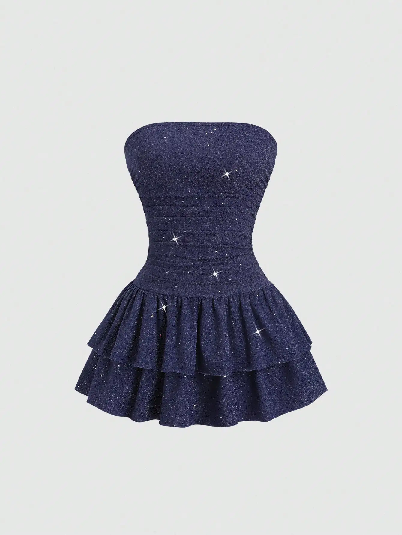 

Sweetra New Summer Shiny Fabric Elegant Commuting Everyday Cake Ruffle Strapless Waisted Slim Mini Dress