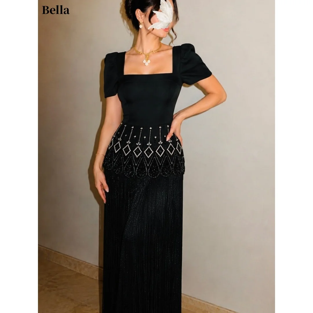Bella Customized Black Crepe Prom Dresses Elegant Square Neck vestidos de noche Puff Sleeve Beaded Waist Formal Evening 2026