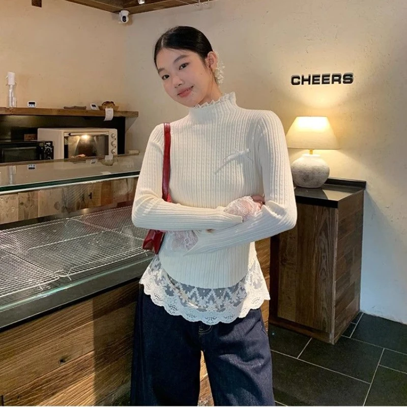 

Deeptown Elegant Lace Turtleneck Women Sweater Vintage Long Sleeve Korean Fashion Knitted Pullover Sweet Slim Solid Color Winter