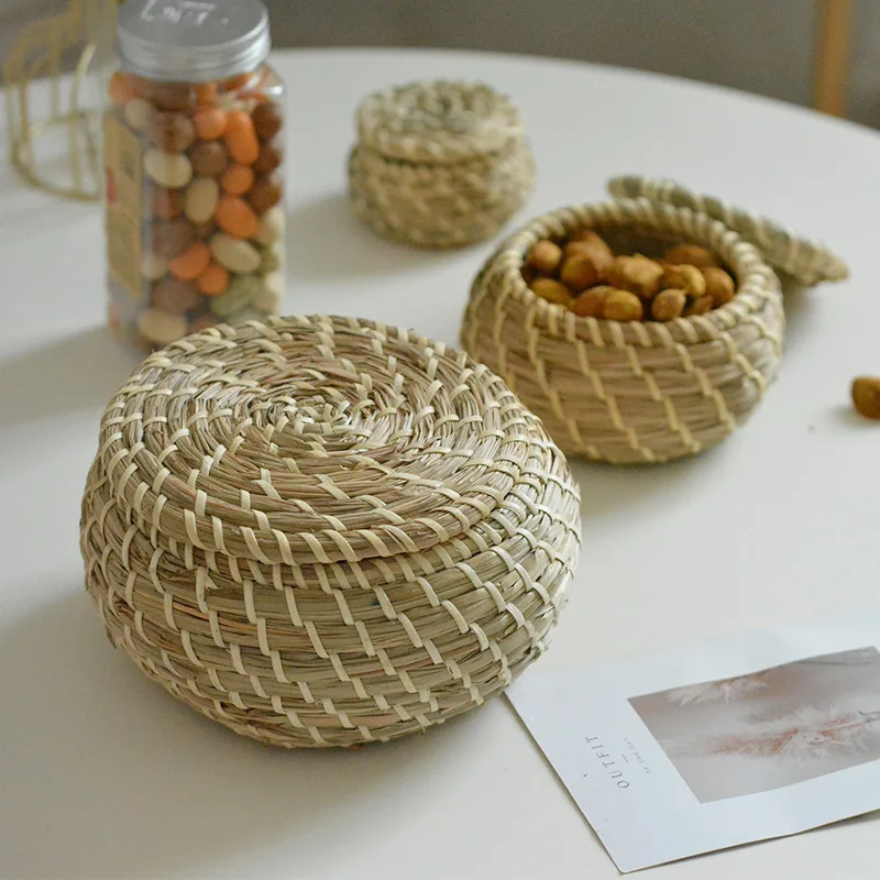 7/10/15cm Rattan Storage Basket with Lid Round Woven Pot Organizer for Dried Fruit Nuts Tea Rustic Container for Home Kitchen