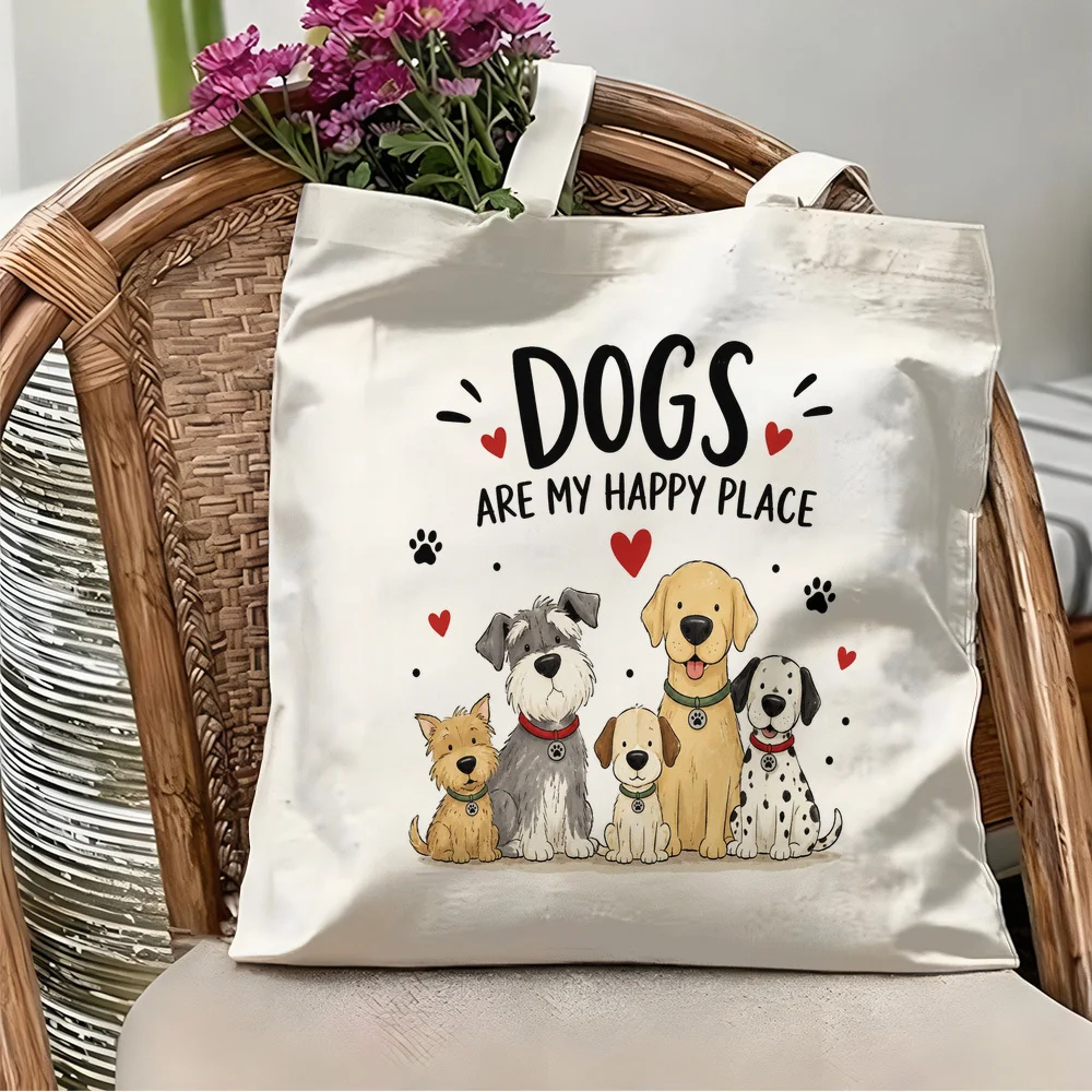 Cute Puppy Breeds Graphic Canvas Handbag Dogs Are My Happy Place Printing Tote Fashion Female Outing Pocket