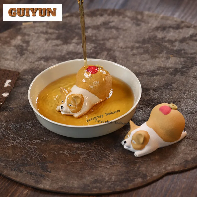 Yixing Purple Clay Welsh Corgi Tea Pet Traditional Exquisite Miniatures Tea Figurine Play Toys Tea Statue Ornaments Collection