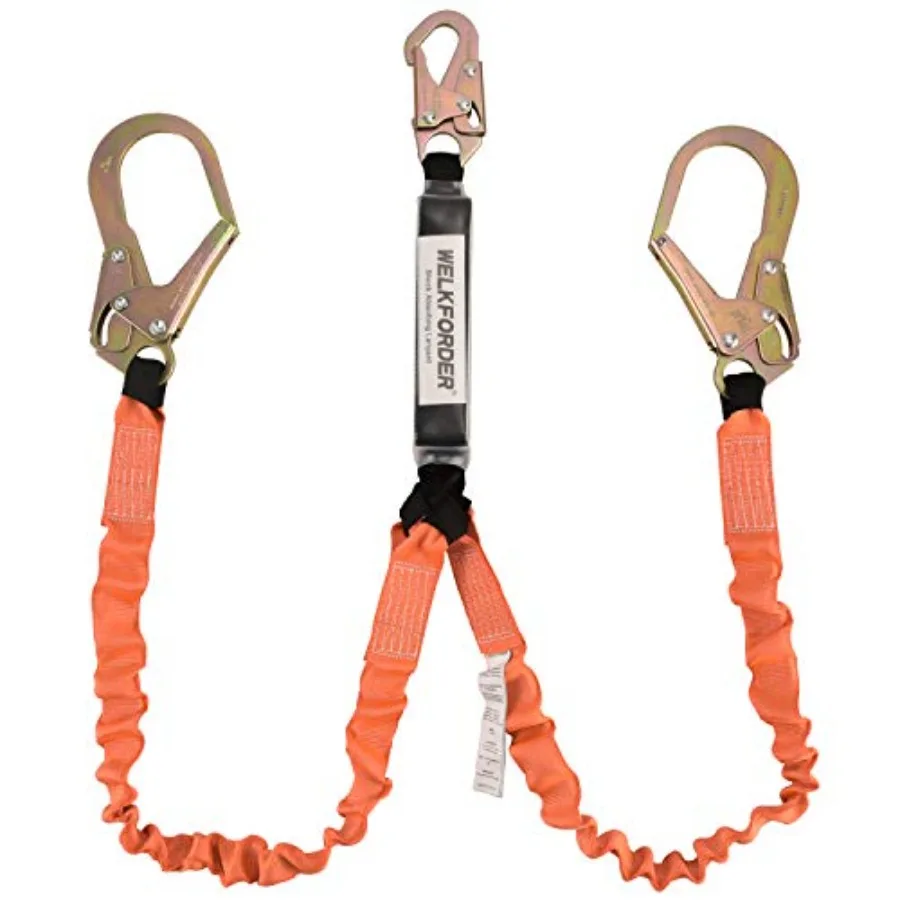 

Double Leg 6-Foot Safety Lanyard for Consturction Shock Absorber Stretchable Lanyard with Snap and Rebar Hook Connectors ANSI Z
