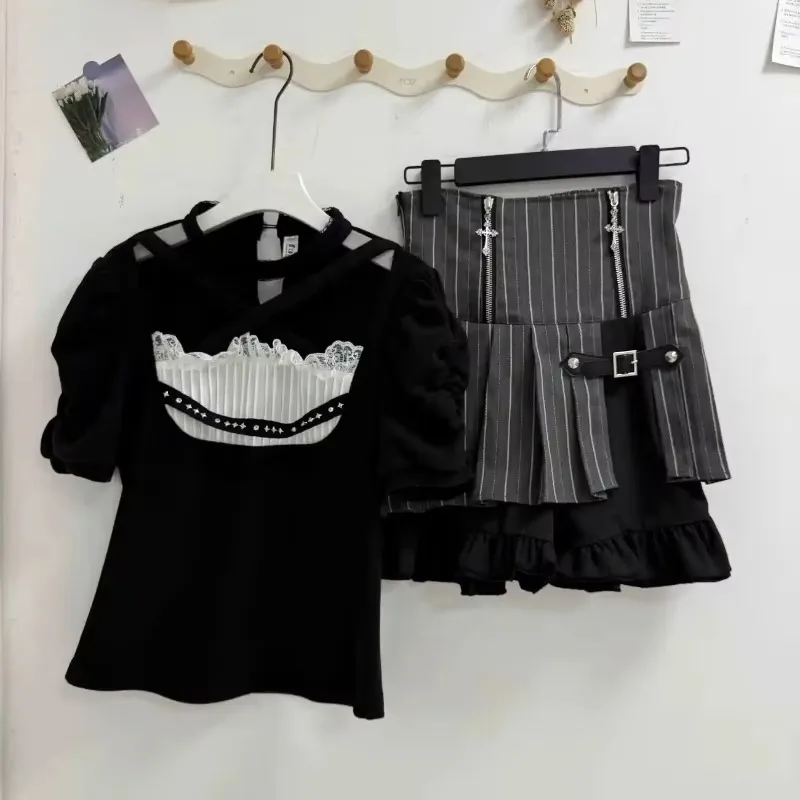 Women Gothic Lolita 2 Piece Set Short Sleeve Blouse and Stripe Above Knee Skirt Y2K Punk Outfit