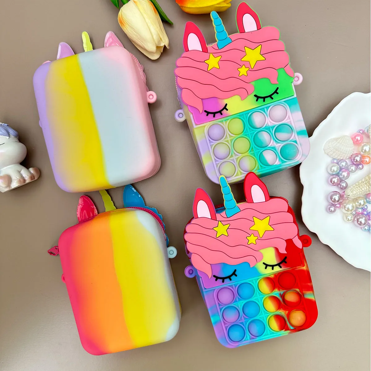 Girl's Silicone Cute Unicorn Messenger Bag Crossbody Bag Pressure Relief Dent Coin Wallet Christmas Popular Multifunctional Toy