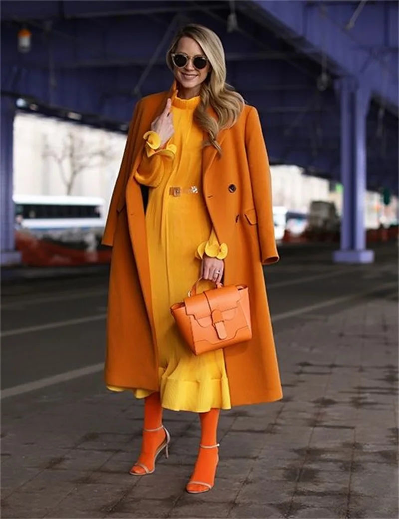 Abrigo largo de lana para mujer, chaqueta gruesa de doble botonadura, a la moda, color naranja, 1 piezas, traje de invierno, vestido de Graduación