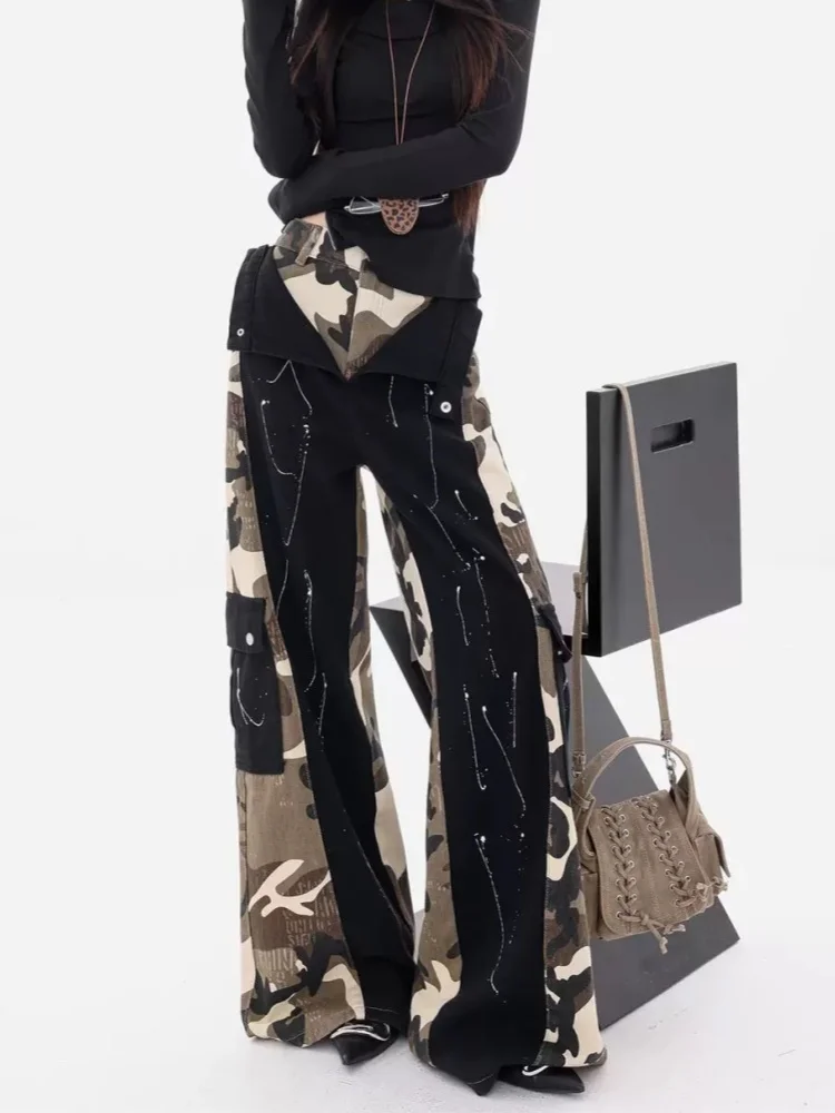 

2025 г., американские ретро стильные Y2K, камуфляжные лоскутные мешковатые женские джинсы-карго, брюки, одежда, широкие женские готические длинные брюки