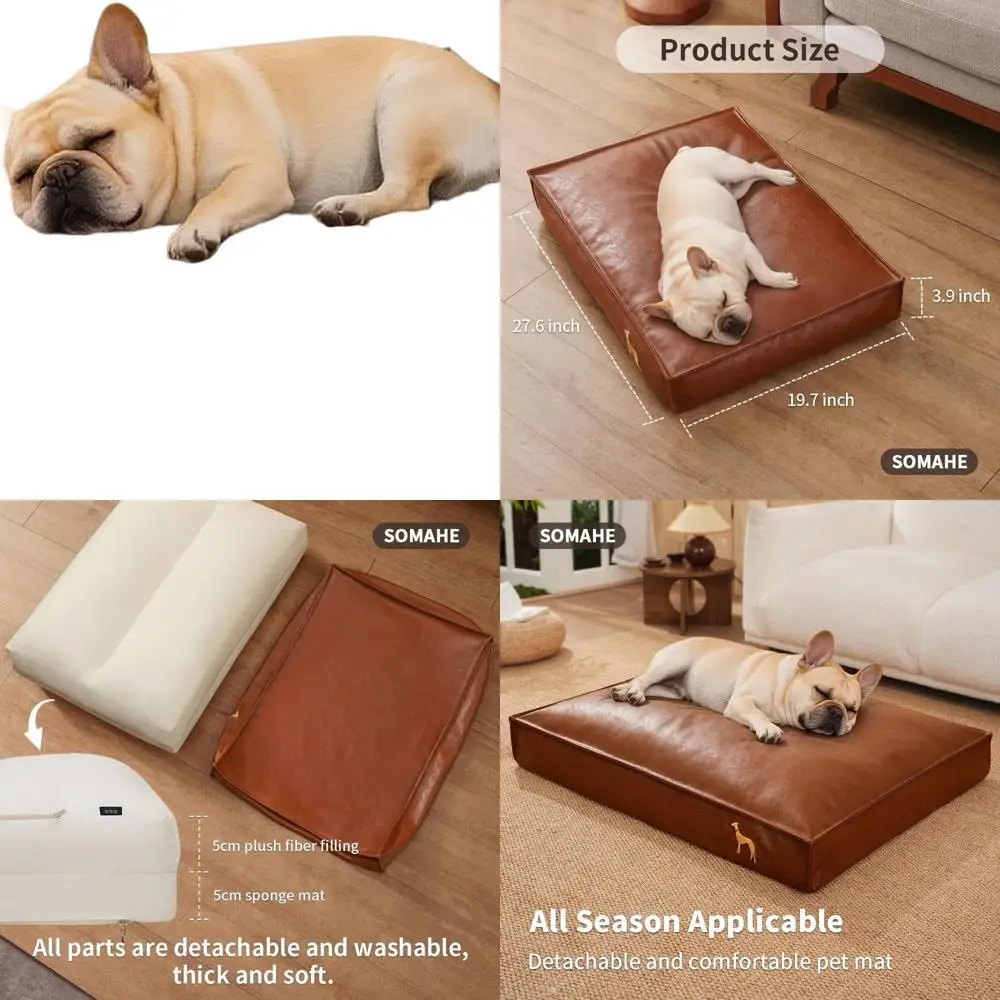 

Orthopedic Medium Dog Bed with Removable, Washable PU Leather Cover for Small Dogs - Waterproof, Brown, 27.5x19.6x4 inches
