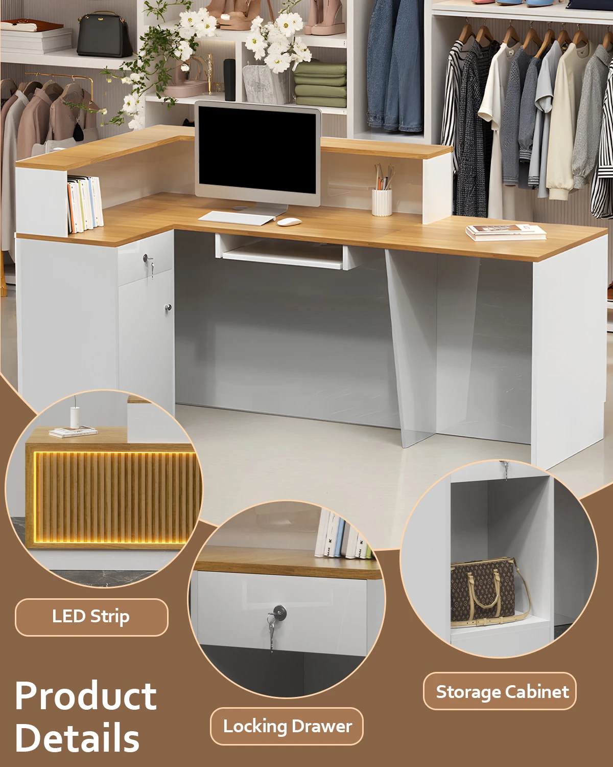 Modern Reception Desk, Solid Wood Reception Desk with Counter, Check Out Stand with Lockable Drawer & Cabinet