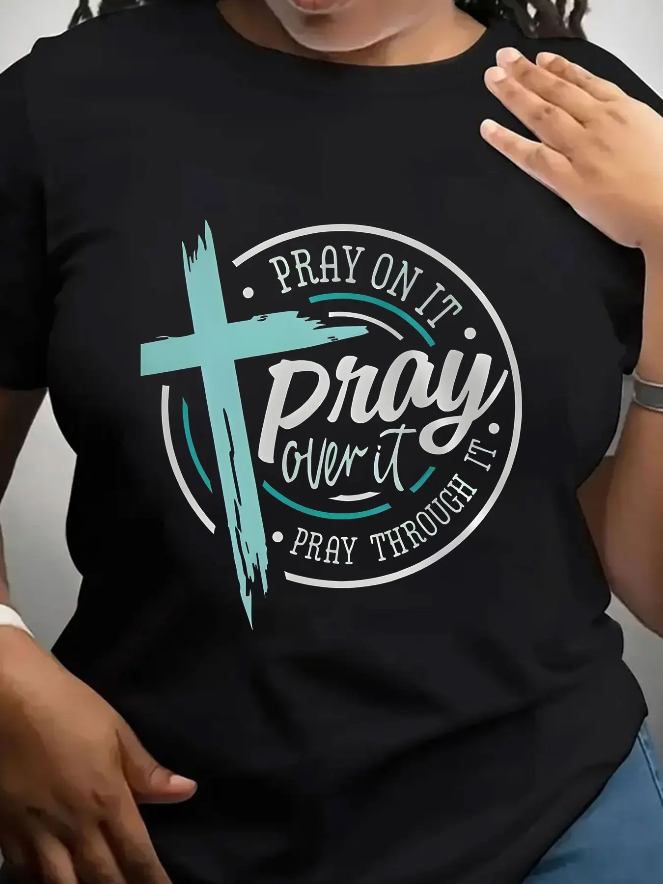 Women's Trendy Crew Neck T-Shirt Teal Cross Pray on It Suitable for Casual Sportswear