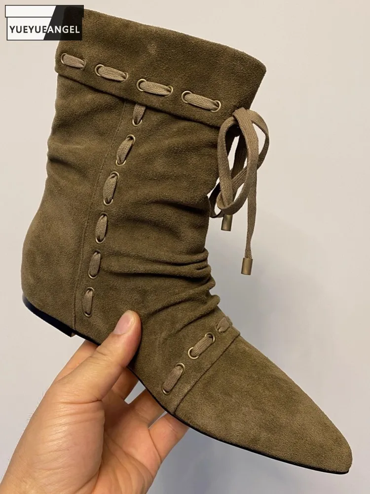 

New Lady Comfortable Handmade Lace Up Cow Suede Leather Pointed Toe Boots Mid Heel Ankle Boot Versatile Fashion Elegant Womens