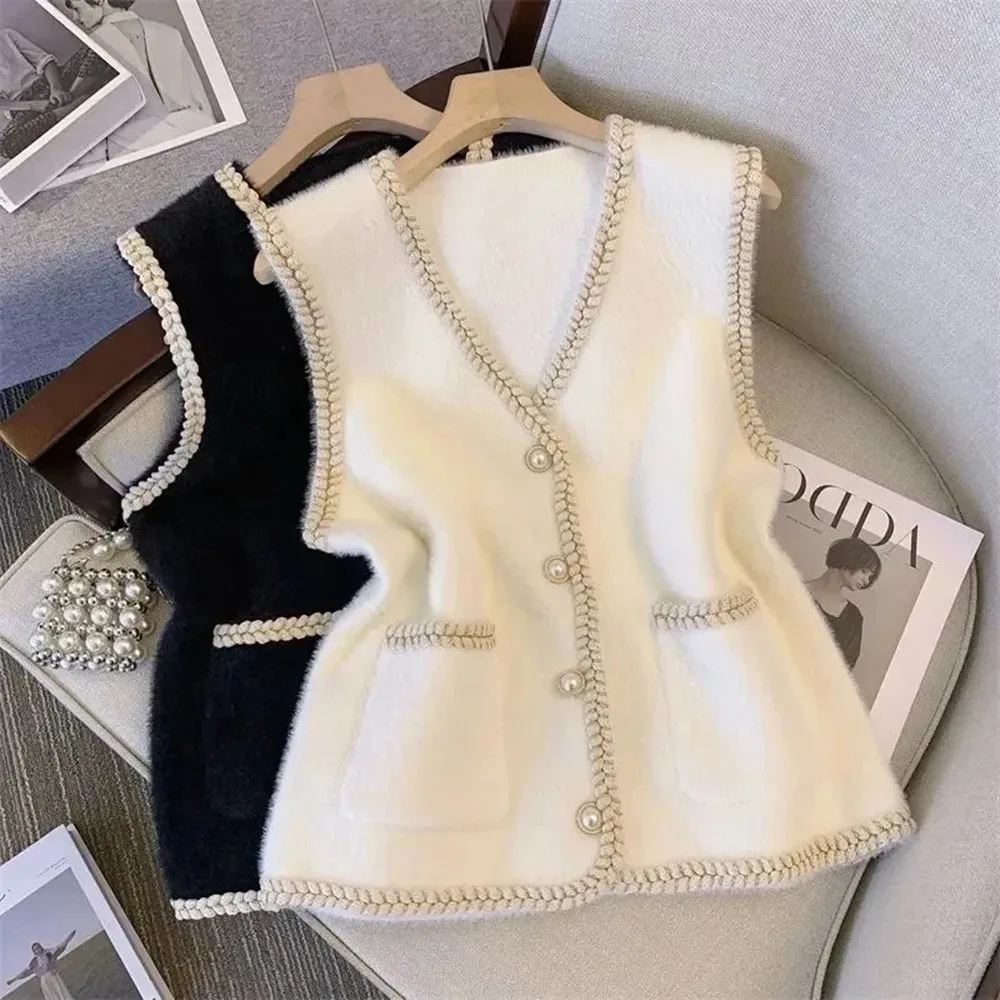 

Vest Women's 2024 Hot Fashion New V-neck Knitted Vest Mink Fleece Sweater Women's Spring and Autumn Wear Vests Tank Top