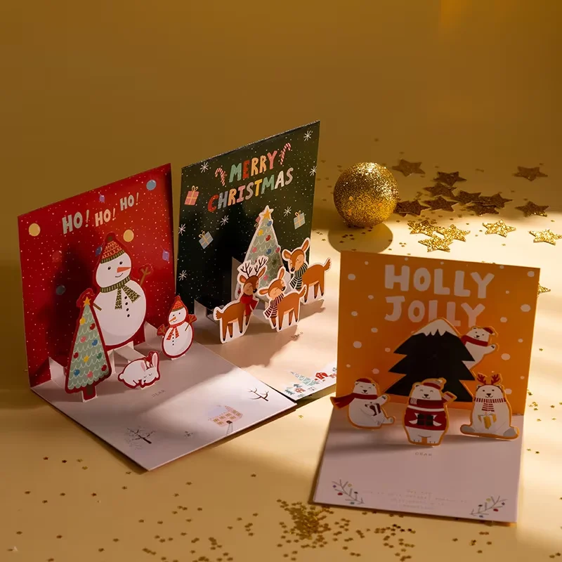 Merry Christmas Cards 3D Pop-Up Greeting Cards With Envelope Santa Claus Snowman Laser Cut Xmas Happy New Year Christmas Cards