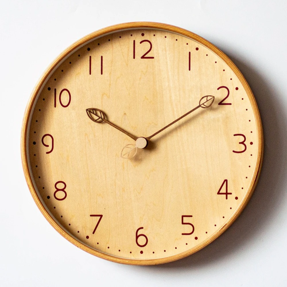 Wooden Wall Clock Creative Leaf‑Shaped Hands Quartz Clock Wood Frame Simple Home Wall Art Decor for Bedroom Cafe Living Room