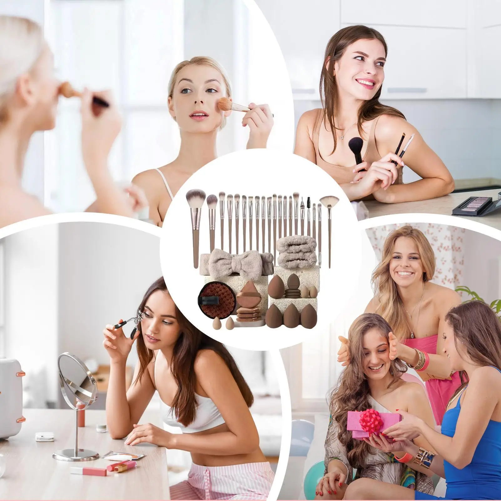 Make-up kwasten en sponzen set bruine make-up bladerdeeg, schoonheid ei, hoofdband polsbandje remover kit make-up tool cadeau