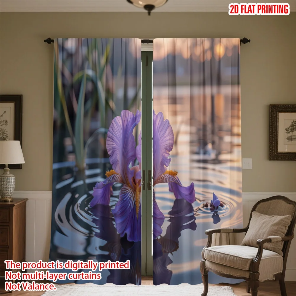 

2D flat printing 2pcs Party Curtain Purple Iris in Water Digital Printed Polyester Drapes All Season Party & Holiday Decor for
