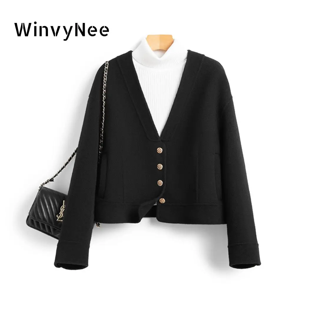 WinvyNee 2024 Winter Women Wool Short Coats V Neck with Buttons Double-sided Black Wool Outewears Short Woolen Coats H1343009