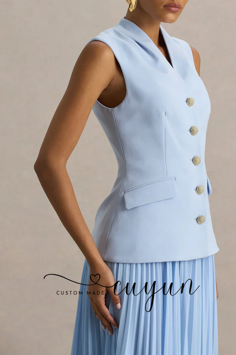 CUYUN Abito da sera personalizzato chic azzurro cielo con scollo a V senza maniche giacca monopetto pieghettato lungo abito da ballo cena festa