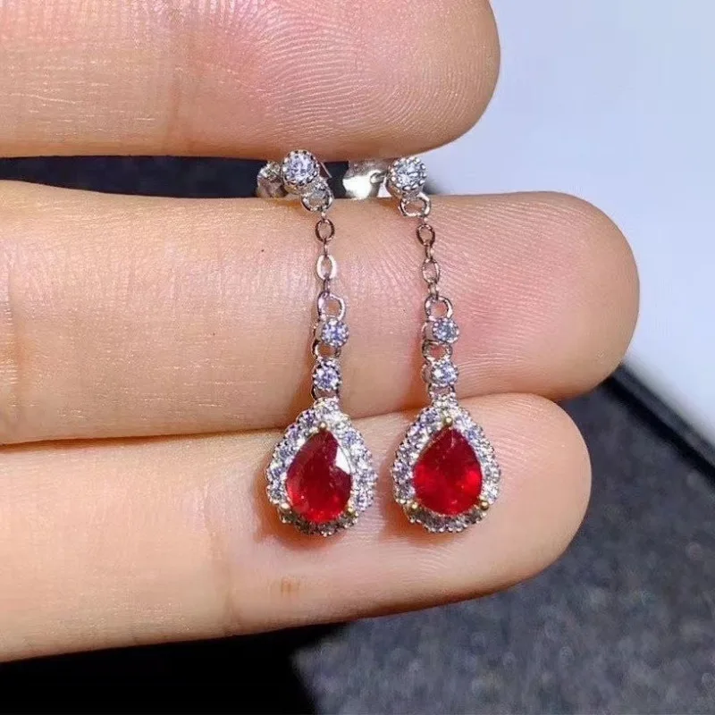 New In Silver 925 Diamond Sparkling Tassel Water Drop Ruby earrings for women Fashion Red Exquisite Earings Wedding Jewelry