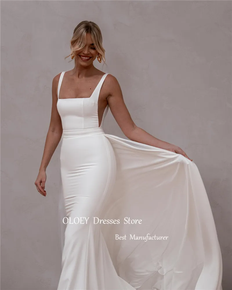 OLOEY-Robe de mariée sirène en satin, simple, avec poignées, bretelles à la traîne, pour femmes patientes, quelle que soit la taille