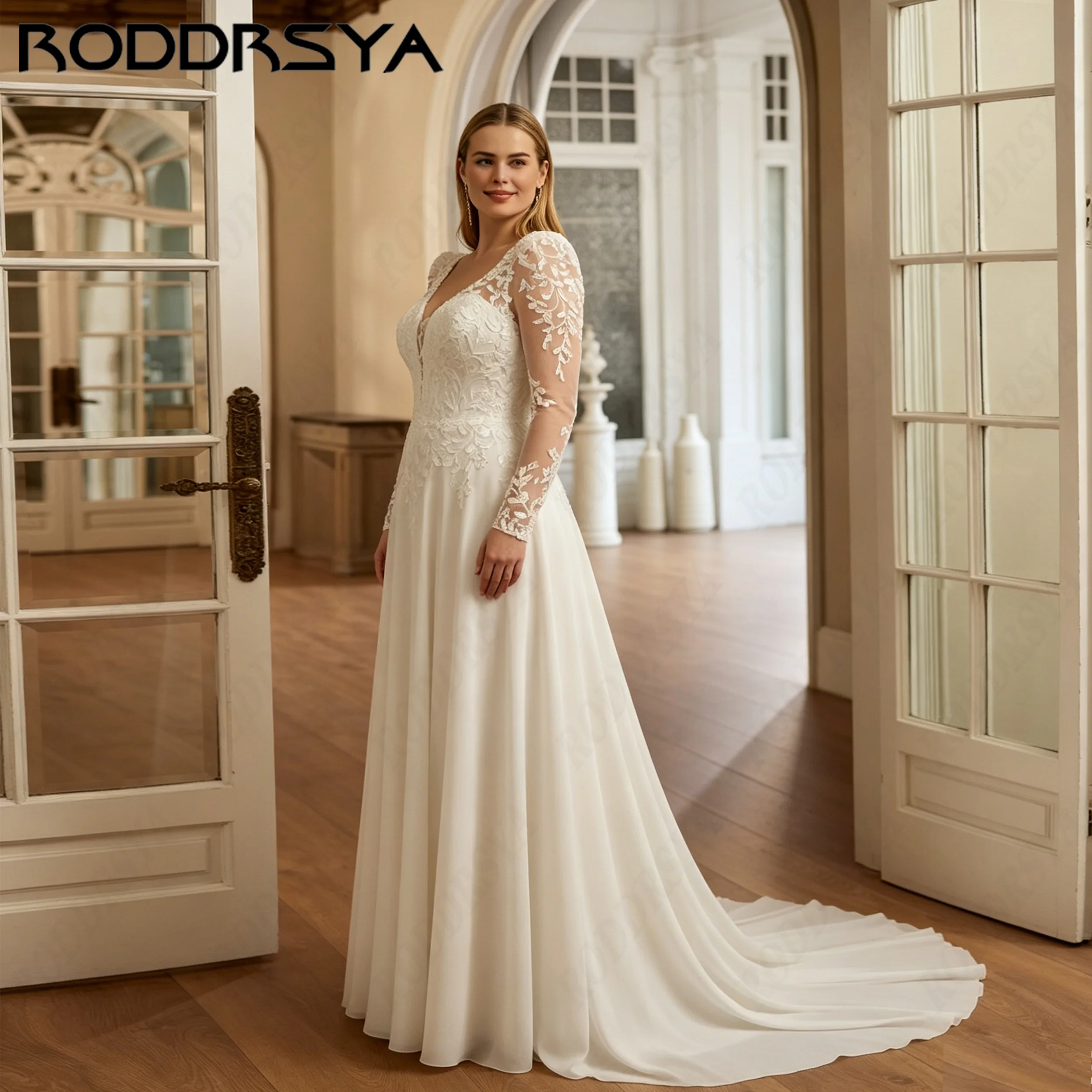 RODDRSYA Plus Size V-Neck Chiffon Wedding Dress Detachable Puff Sleeve A-Line Bridal Gown Boho Appliques Brautkleid Customized