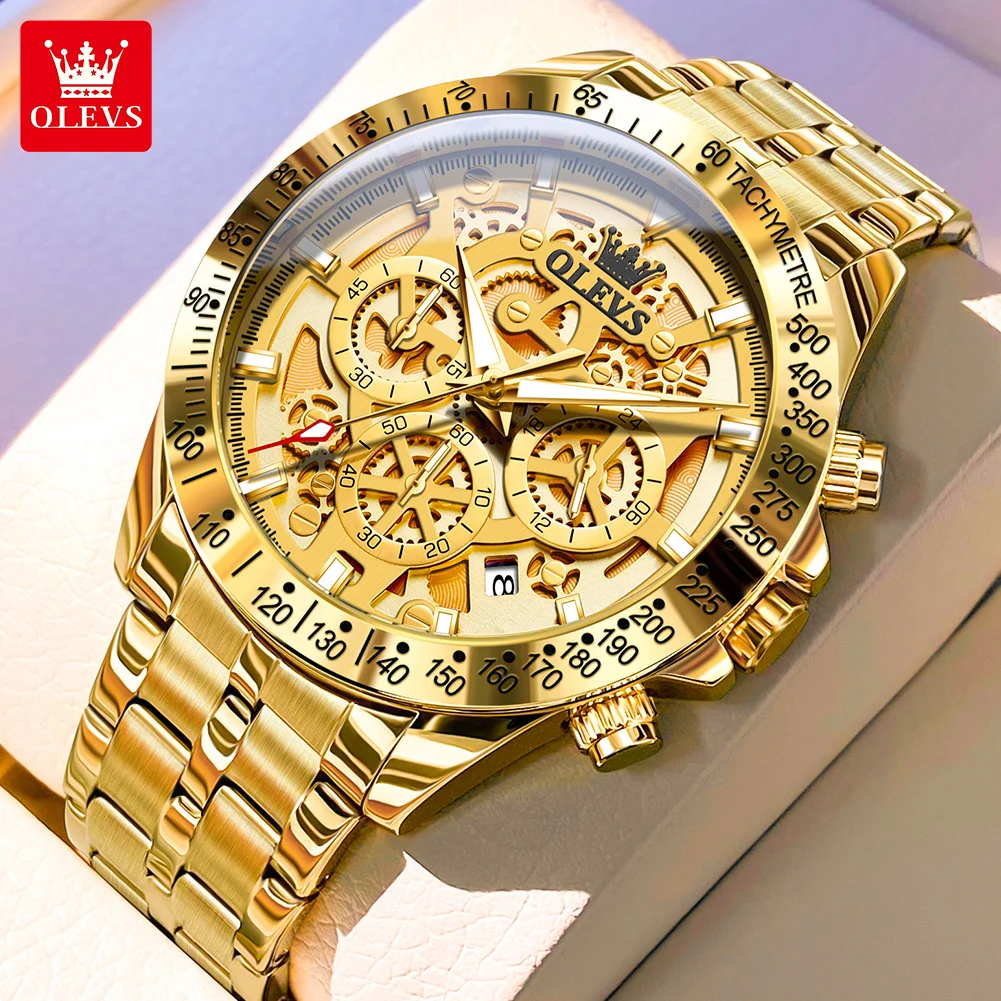 OLEVS Luxusmarke Gold Herrenuhren Vollständig Skelettierte Edelstahl Chronograph Armbanduhr Wasserdicht Leuchtende Quarzuhr für Männer