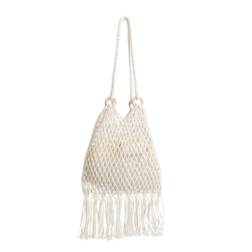 

Плетеная сумка из хлопчатобумажной нити, большая сумка в богемном стиле, пляжная сумка с кисточками, пляжная сумка, сумка-ведро, полая сумка на плечо