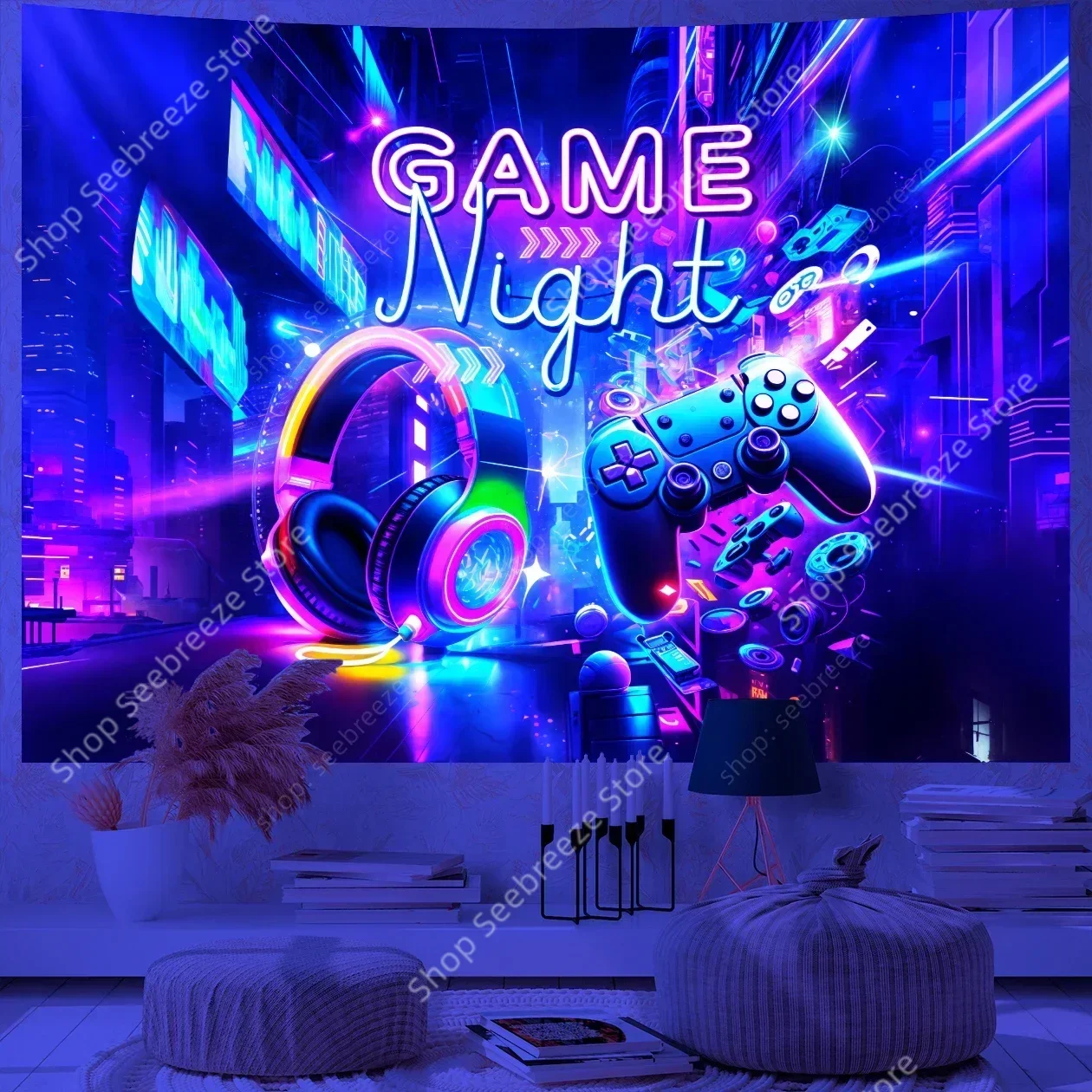 Game Over Game Zone UV Reactive Tapestry E-Sports Room Game Controller Tapestry Wall Hanging Neon Backdrop Dorm Bedroom Decor