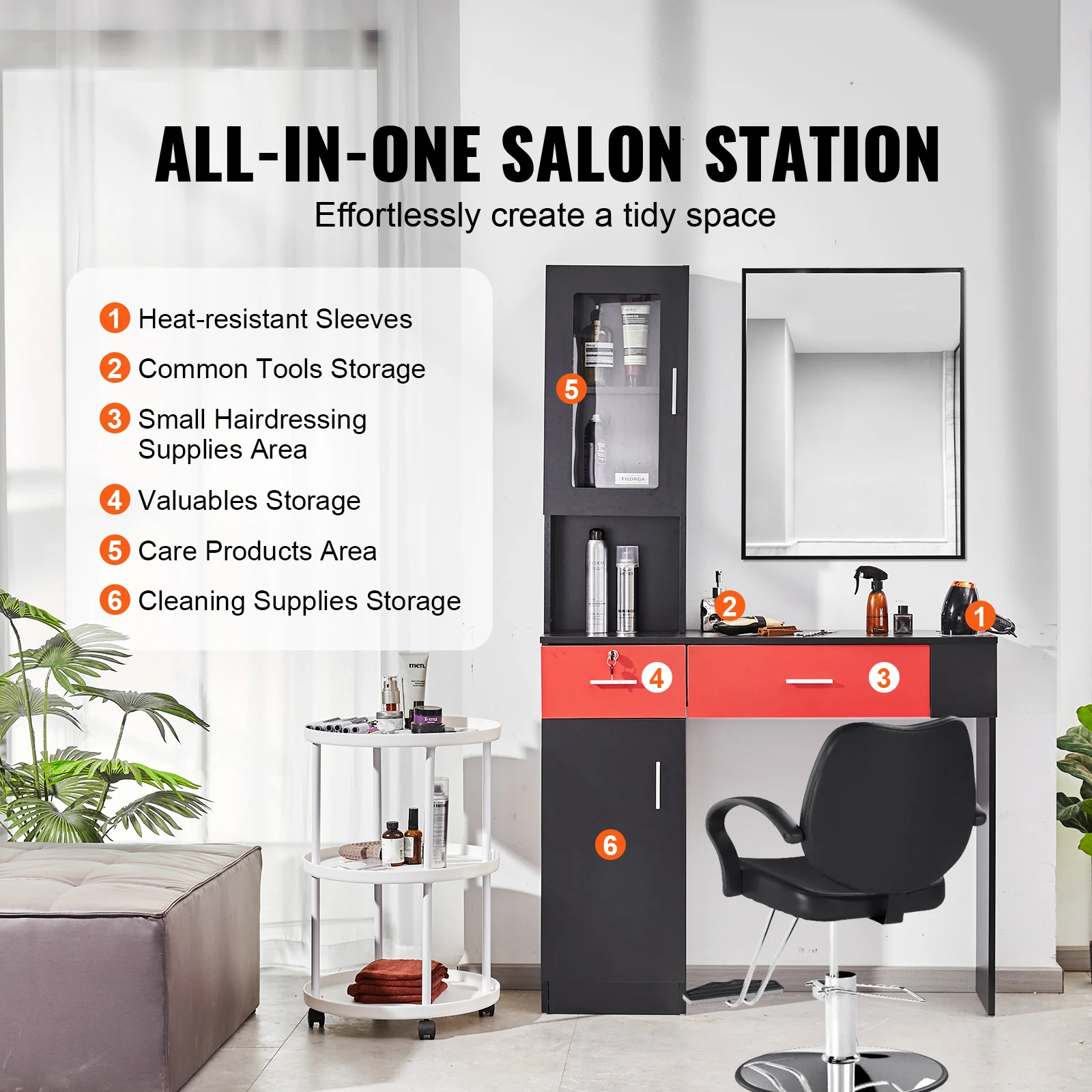 Salon Workstation, 3 Shelves & 2 Drawers (One with Lock), in Black & Red, Wall-Mounted Unit for Hair Professionals, Spa Styling Storage Solution, Includes Cabinet
