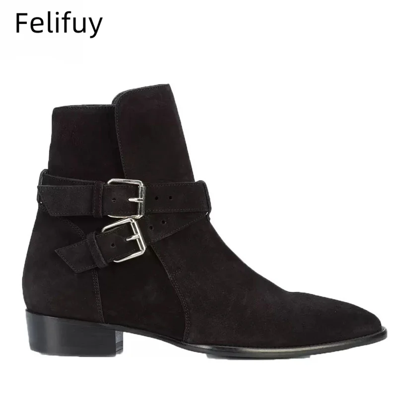 

Black British Style Double Straps Buckle Tan Cow Suede Men's Ankle Boots Men Square Heel Slip On Chelsea Boots Zapatos Hombres