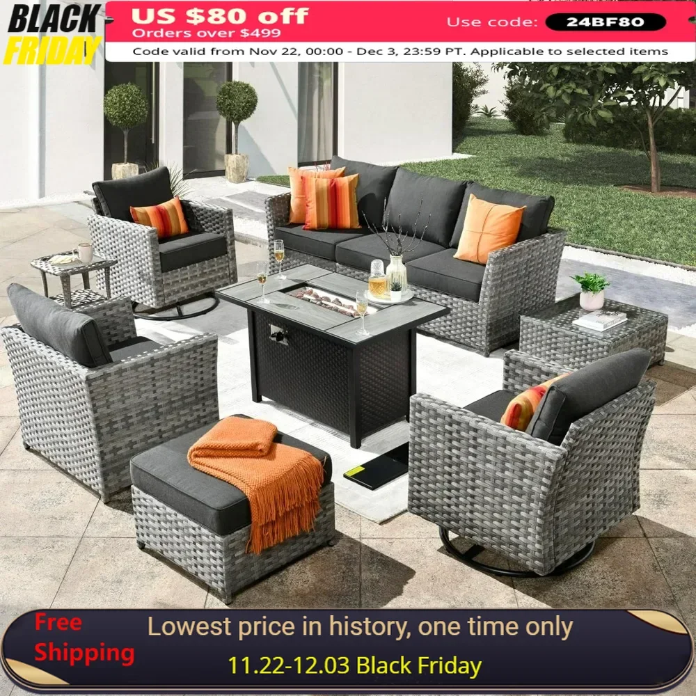 

10 Piece Patio Furniture Set with Fire Pit Table,with Swivel Rocking Chairs, Sectional Chairs for Outside Porch Balcony Backyard