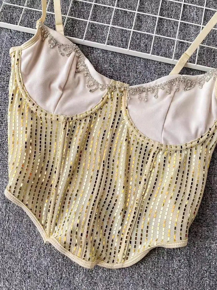 Foamlina – Corset tendance à paillettes et strass pour femmes, conçu européen, estampage à chaud, col licou, Slim Fit, Sexy, dos nu, gilet court