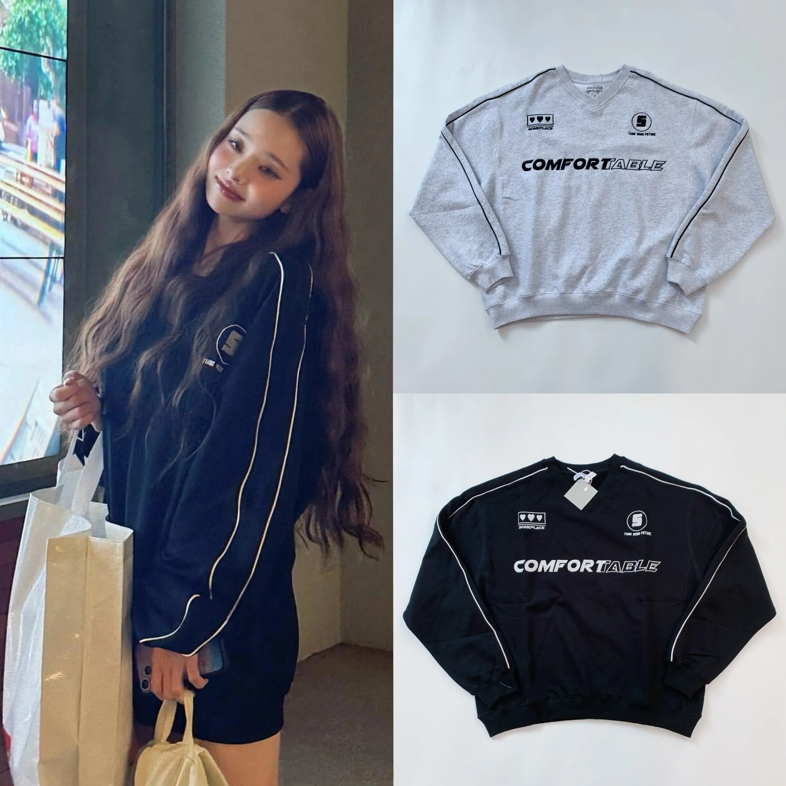 

Свободный свитшот с длинными рукавами, вышивкой букв и V-образным вырезом, повседневный, удобный, в уличном стиле, для молодых женщин, для поездок на работу, осенняя мода